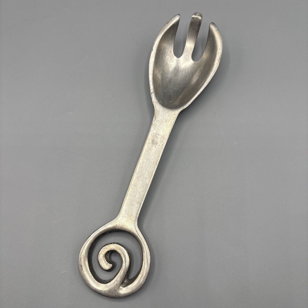 Mid Modern PEWTER Swirl Curl  Fork Serving  Salad Serving Utensil